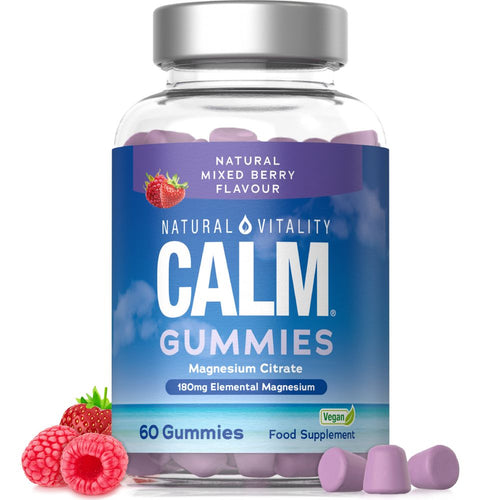 60 Natural Vitality Calm Magnesium Vegan Gummies, each providing 180mg of elemental magnesium, shown on a hand scale.