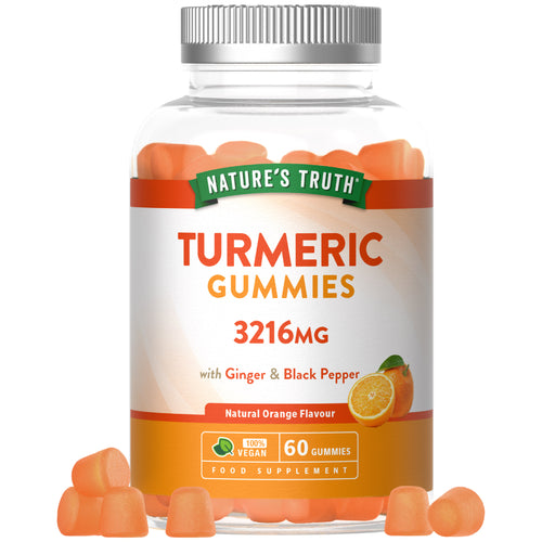 Turmeric Gummies 3216MG with ginger and black pepper in natural orange flavor; includes 60 vegan gummies.