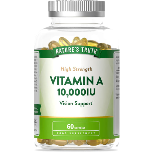 Nature's Truth High Strength Vitamin A 10,000IU supports vision with 60 softgels as a food supplement.