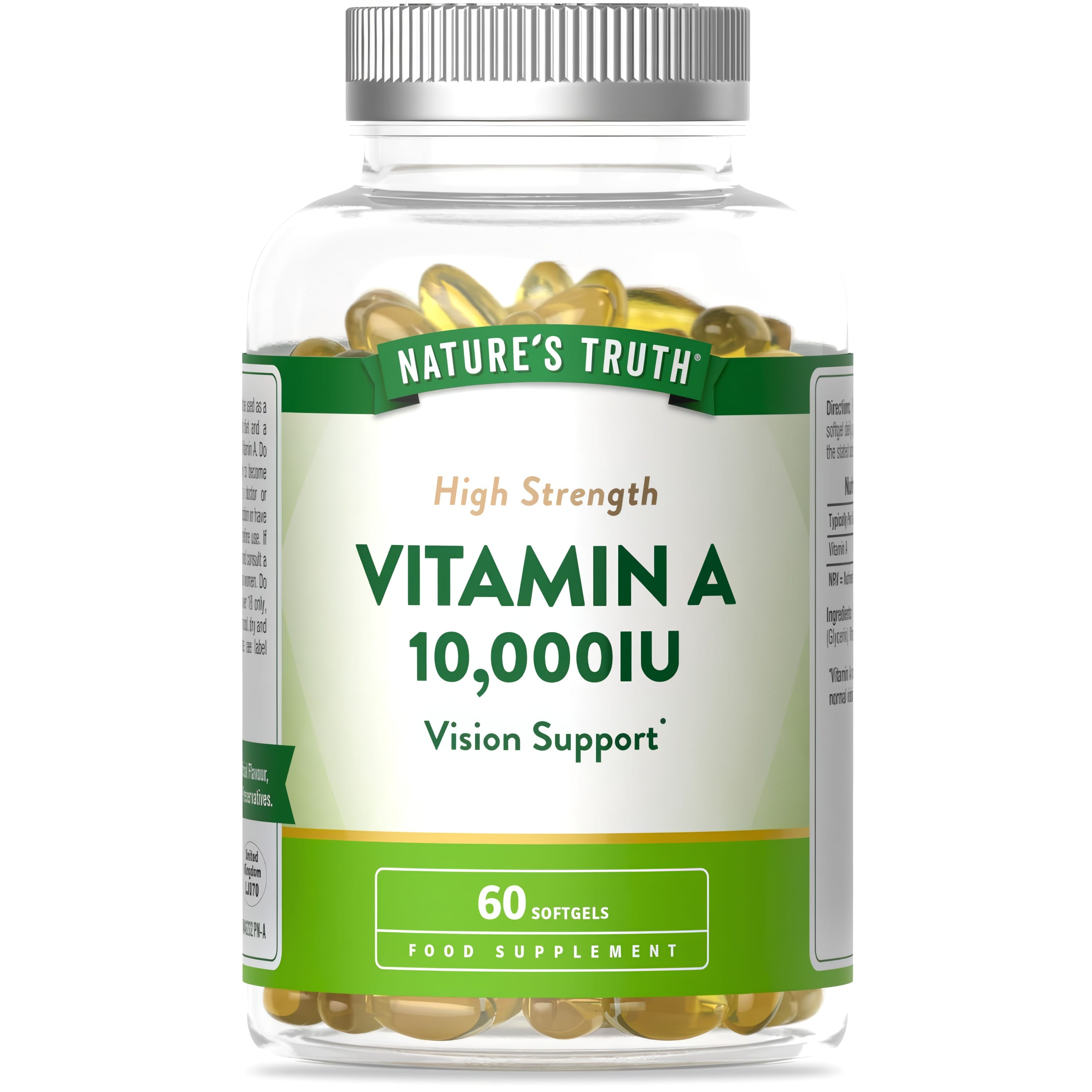 Nature's Truth High Strength Vitamin A 10,000IU supports vision with 60 softgels as a food supplement.