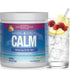 Natural Vitality Calm Relaxing Drink Mix, Natural Raspberry-Lemon Flavour, 200g tub with 325mg Magnesium, next to a prepared drink.