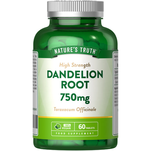 This is a bottle of Dandelion Root High Strength 750mg, Taraxacum Officinale, containing 60 vegan tablets.