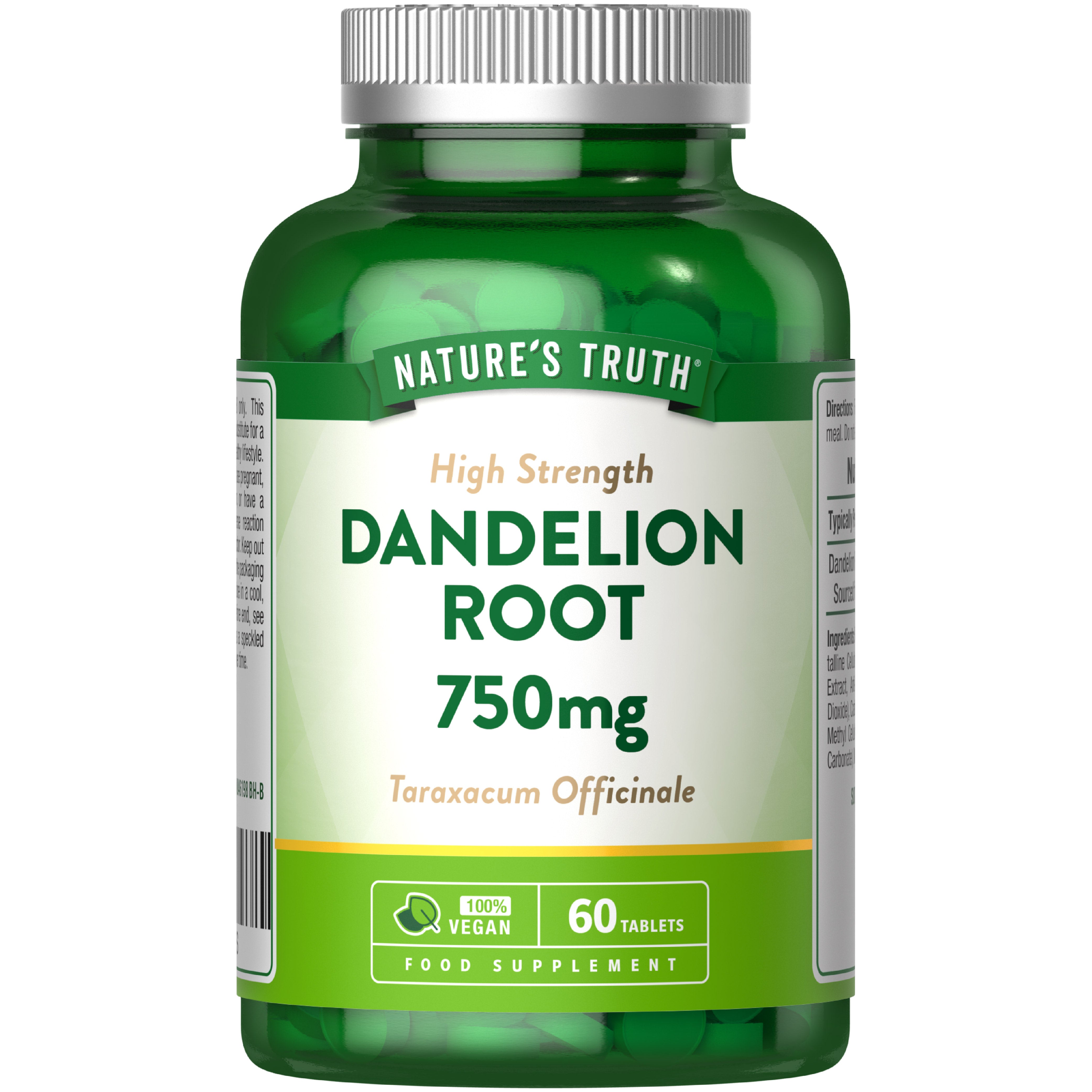 This is a bottle of Dandelion Root High Strength 750mg, Taraxacum Officinale, containing 60 vegan tablets.