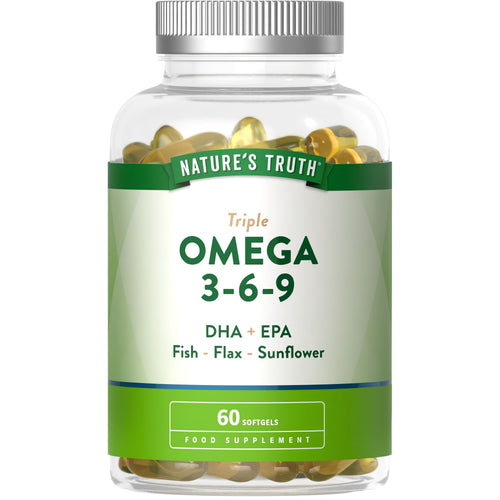 Triple Omega 3-6-9 DHA and EPA supplement with fish, flax, and sunflower in 60 softgel capsules.