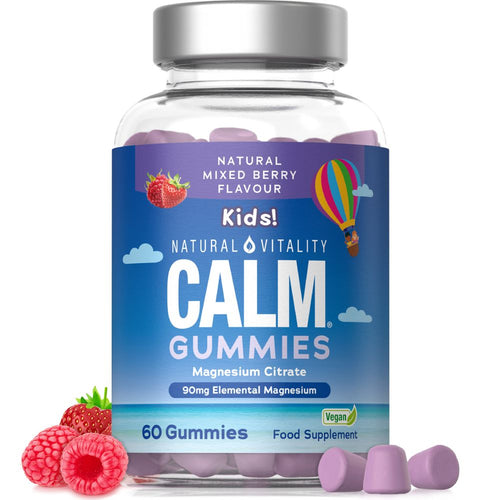 Jar of 60 purple Natural Vitality Calm Kids Magnesium gummies, 90mg each, with loose gummies visible around the jar.