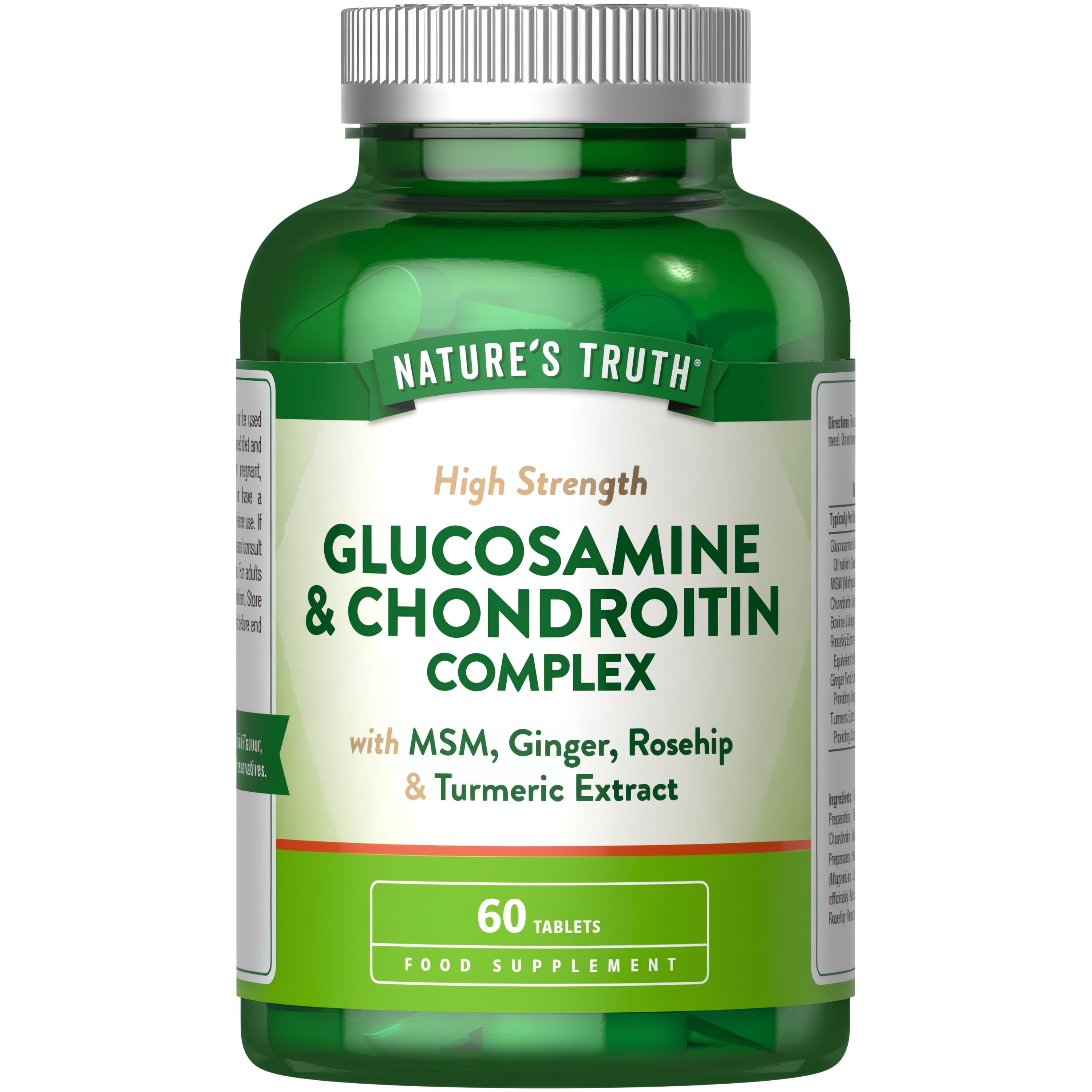 High Strength Glucosamine & Chondroitin Complex with MSM, ginger, rosehip, and turmeric extract, 60 tablets.