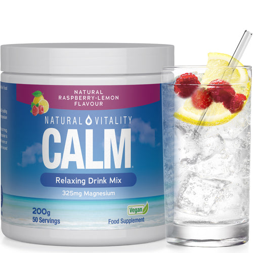 Natural Vitality Calm Relaxing Drink Mix in raspberry-lemon flavor with 325mg magnesium, 200g, 50 servings, vegan.