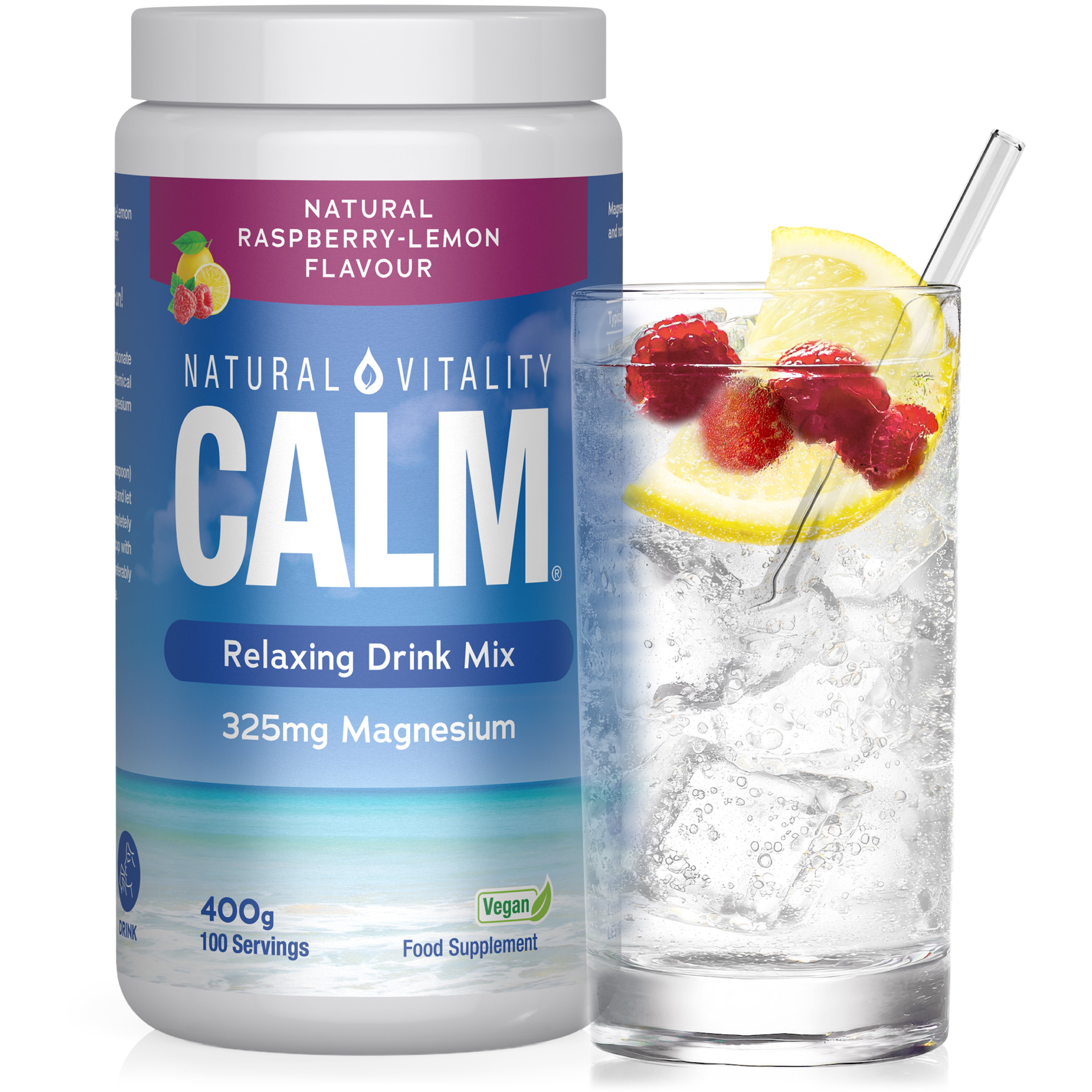 Natural Vitality Calm Magnesium Powder Supplement | Relaxing Drink Mix | 100 Servings | High Strength Magnesium Carbonate | for Women & Men | Vegan | Natural Raspberry-Lemon Flavour | 400g