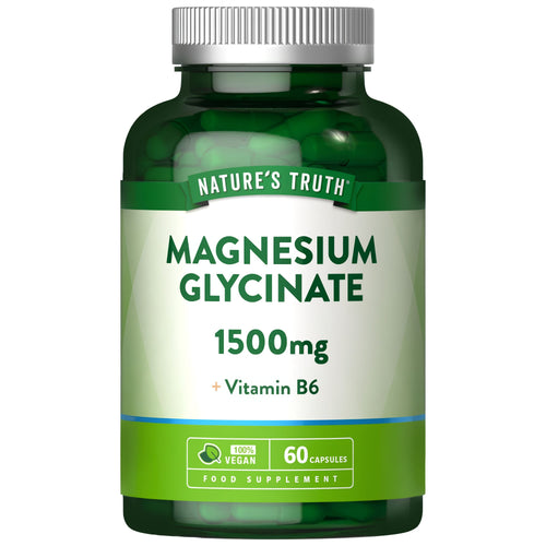 Magnesium Glycinate 1500mg and Vitamin B6 in 60 vegan capsules as a food supplement.