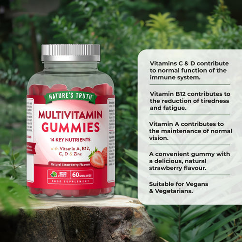Product highlights graphic stating C & D for immunity, B12 reduces fatigue, A for vision. Strawberry gummy, Vegan/Vegetarian.