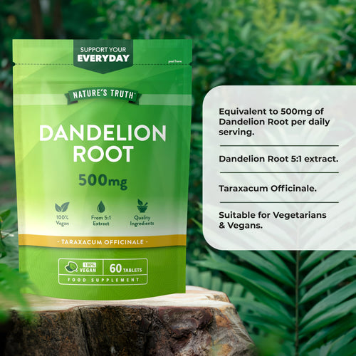 Dandelion Root 500mg, 60 Vegan Tablets. Food Supplement featuring Taraxacum Officinale 5:1 extract, for Vegetarians & Vegans.