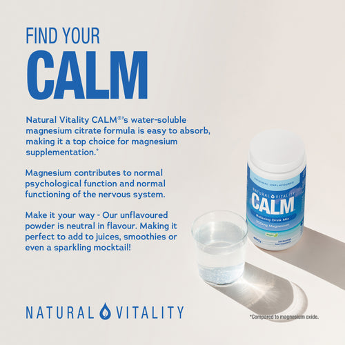 Natural Vitality Calm Relaxing Drink Mix in Original Unflavoured, 350mg Magnesium, 400g, 100 servings bottle.