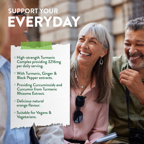 Laughing older adults outdoors with graphic showing benefits of Turmeric, Ginger & Black Pepper Gummies.