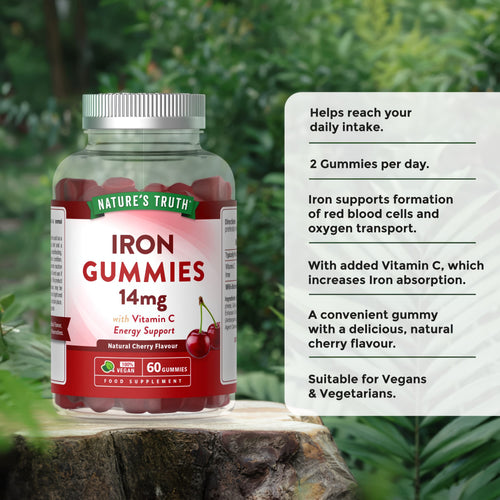Nature's Truth Iron 14mg Gummies with Vitamin C for energy support, natural cherry flavor, 60 vegan gummies.