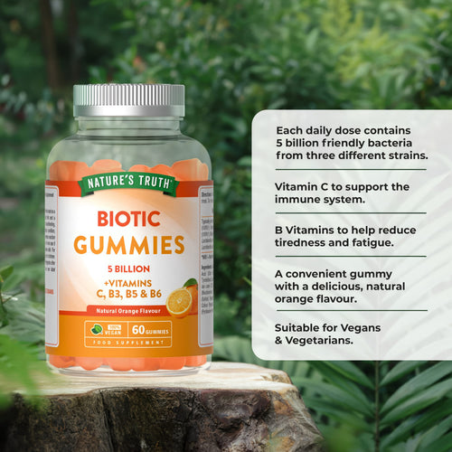 Product highlights graphic stating 5 billion bacteria (3 strains), Vitamin C for immunity, B Vitamins for energy, Orange gummies, Vegan.