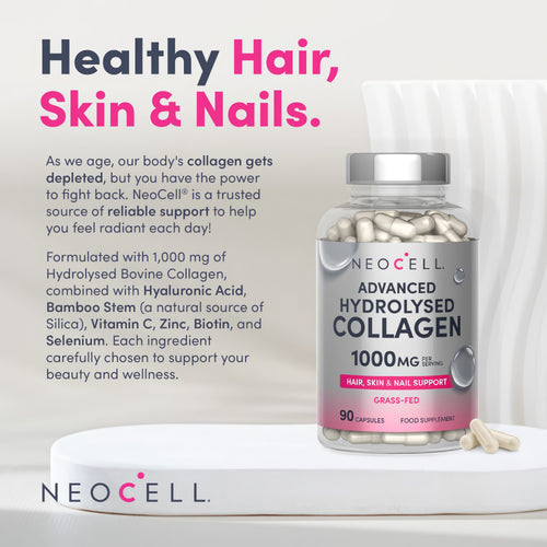 Collagen Supplement with Hyaluronic Acid, Vitamin C, Biotin & More! | Grass-Fed Hydrolysed Bovine Collagen Peptides for Women & Men | Type I & III | 90 High Strength Capsules | NeoCell