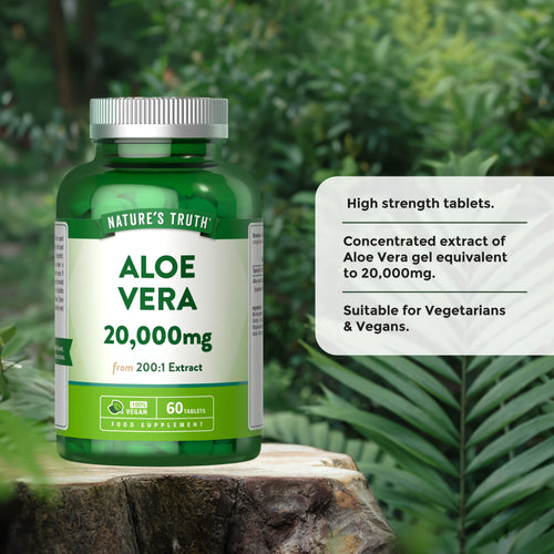 Nature's Truth Aloe Vera 20,000mg (from 200:1 Extract) in 60 Vegan Tablets. High strength, suitable for vegans.