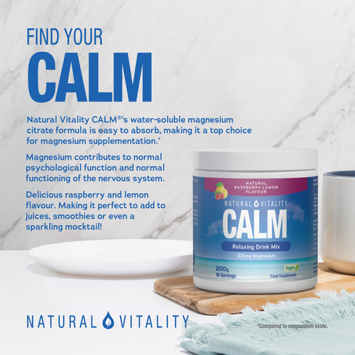 Natural Vitality CALM Relaxing Drink Mix, Natural Raspberry-Lemon Flavour, 200g, 50 Servings, 325mg Magnesium, Vegan Food Supplement.