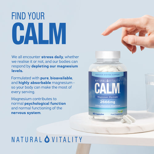 Calm Magnesium Glycinate, 2666mg with 325mg Elemental Magnesium in 90 capsules as a vegan food supplement.