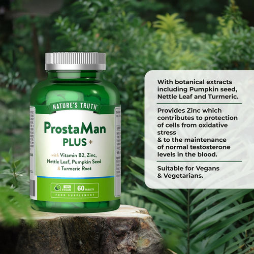 NU Prostate Plus bottle containing 60 vegan tablets is shown for size comparison in a hand.