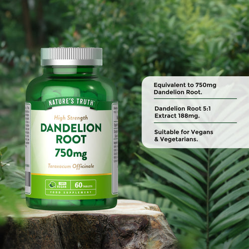 Dandelion Root 750mg, 60 Tablets. Contains Dandelion Root 5:1 Extract 188mg. 100% Vegan and suitable for vegetarians.