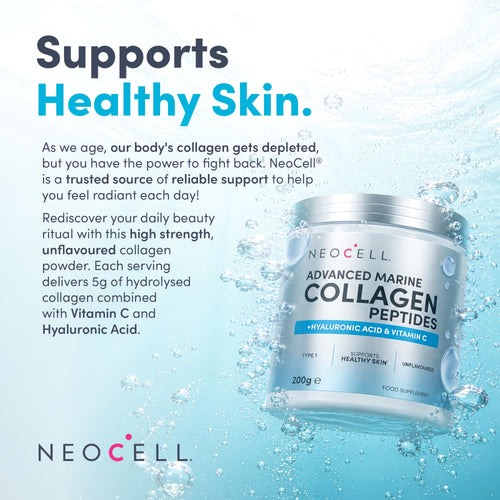 NeoCell Advanced Marine Collagen Peptides with Hyaluronic Acid and Vitamin C, unflavoured powder, 200g, supports healthy skin.