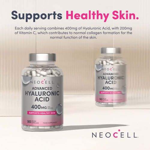 NEOCELL Advanced Hyaluronic Acid 400mg, 90 Vegan Capsules, supports healthy skin.