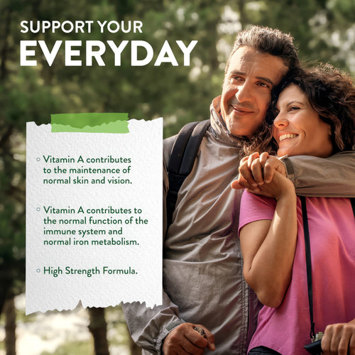 Product highlights graphic stating Vitamin A supports skin, vision, immune health, and iron metabolism. High Strength Formula.