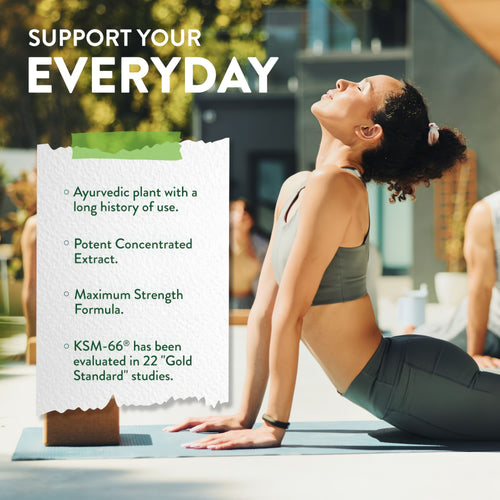 Product highlights graphic stating Ayurvedic plant, long use, Potent Concentrated Ext., Max Strength Formula, KSM-66 in 22 studies.