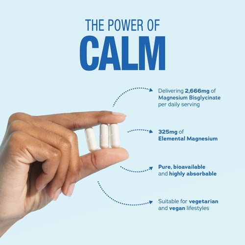 Three white capsules in a hand, delivering 2,666mg Magnesium Bisglycinate and 325mg Elemental Magnesium per daily serving.