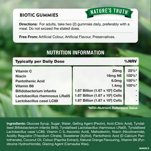 The Supplement Facts panel for NU Probiotic 60 Vegan Gummies provides serving size, ingredients, and nutritional information.