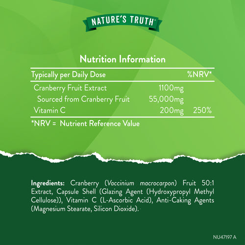 Supplement Facts panel for Cranberry Extract 55,000mg with 60 vegan capsules.