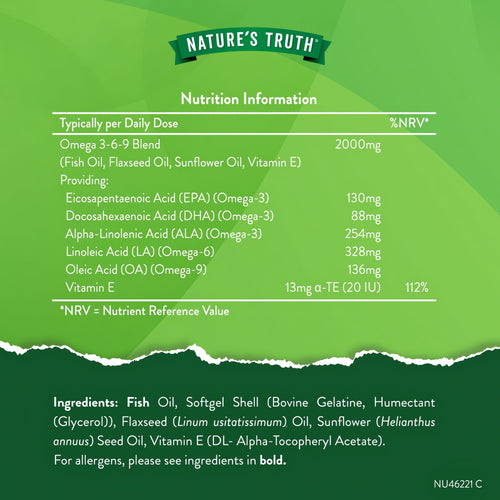 This is the Supplement Facts panel for Triple Omega 369 60 Softgels, listing the nutritional content and ingredients on the label.