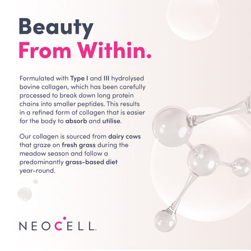 Product highlights graphic stating: Type I & III hydrolysed bovine collagen, processed for easy absorption, grass-fed source.
