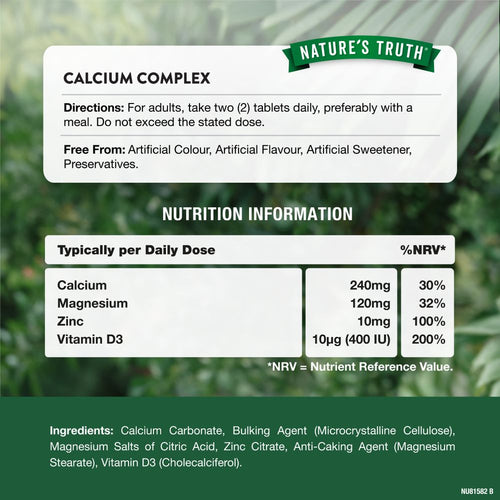 Image of Supplement Facts panel for Nature's Truth Calcium Complex 60 Tablets.