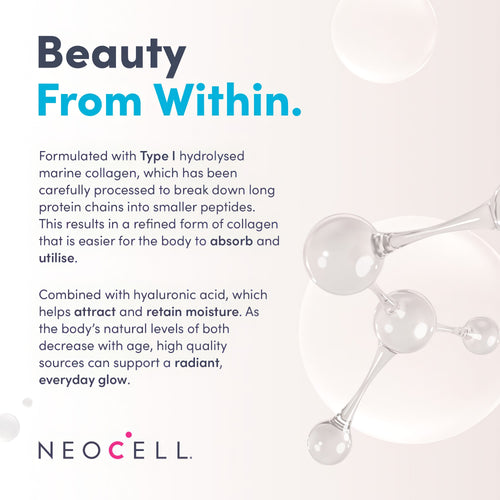 Product highlights graphic stating Type I hydrolysed marine collagen for absorption, combined with hyaluronic acid for a radiant glow.