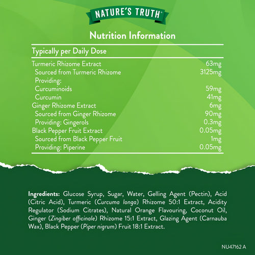 Supplement Facts panel for Turmeric, Ginger and Black Pepper 60 Vegan Gummies is shown.