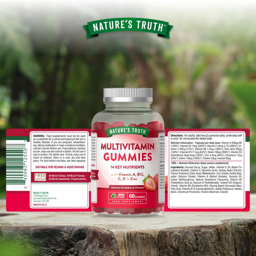 Natural strawberry multivitamin gummies with Vitamin A, B12, C, D, and zinc, 100% vegan, 60 gummies per bottle.