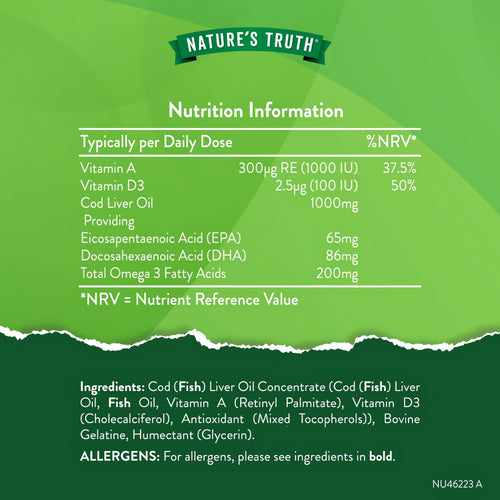 Supplement Facts panel for NU Cod Liver Oil 1000mg, containing 60 softgels.