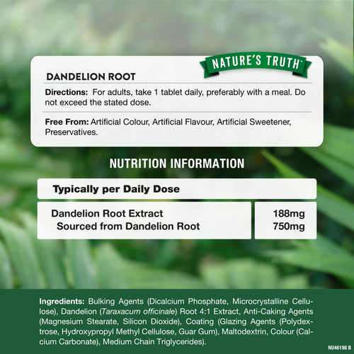 Supplement Facts for Dandelion Extract 750mg, 60 Vegan Tablets.