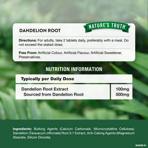Supplement Facts panel detailing ingredients for Dandelion 500mg, available in 60 vegan tablets.