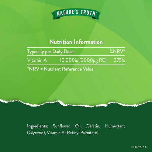 Supplement Facts panel displaying details for NU Vitamin A 10,000IU 60 Softgels.