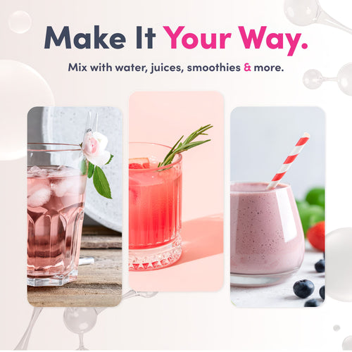 Graphic: 'Make It Your Way. Mix with water, juices, smoothies & more.' Three drinks featuring Collagen Powder.