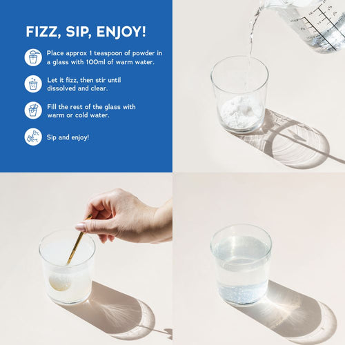 NY NaturalVitality Calm Relaxing DrinkMix powder, approx 1 teaspoon, mixed with water in a glass as per instructions: FIZZ, SIP, ENJOY!