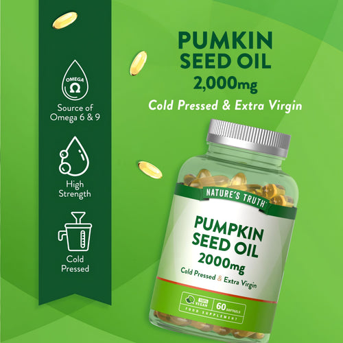 NU Pumpkin Seed Oil 2000mg 60 Softgels, cold pressed and extra virgin, source of Omega 6 and 9, high strength, 100% vegan.