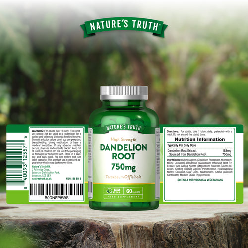 Bottle of Dandelion Root 750mg, containing 60 vegan tablets.