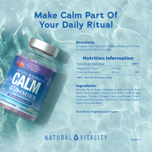Natural Vitality Calm Magnesium Citrate Gummies, 180mg Elemental Magnesium, Natural Mixed Berry Flavor, 60 Vegan Gummies.