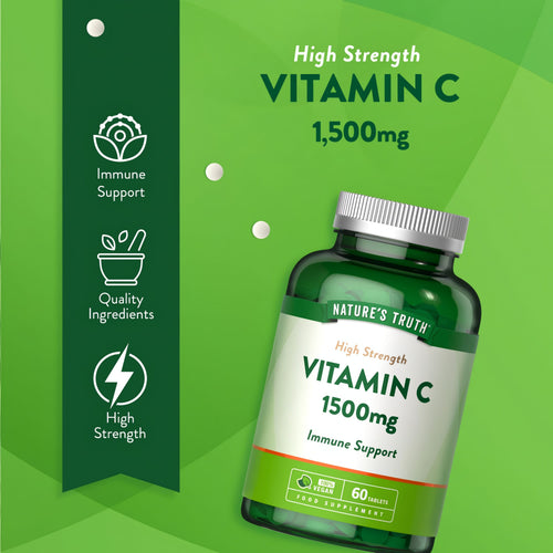 Product highlights graphic stating High Strength VITAMIN C 1,500mg, Immune Support, 100% Vegan, Quality Ingredients, 60 Tablets.
