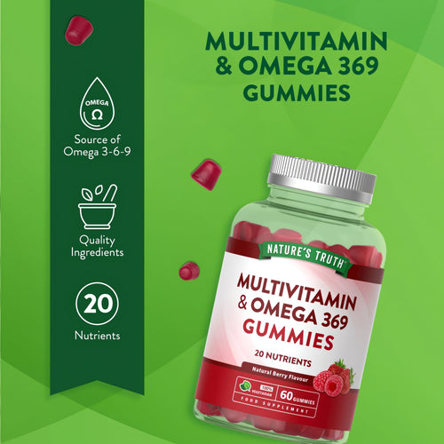 NU Omega 369 & Multivitamin Gummies, 60 Vegetarian count, Natural Berry Flavor, 20 Nutrients, Omega 3-6-9 Source.