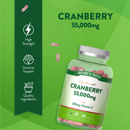 Product highlights graphic stating High Strength, Immune Support, and Quality Ingredients in an infographic layout.